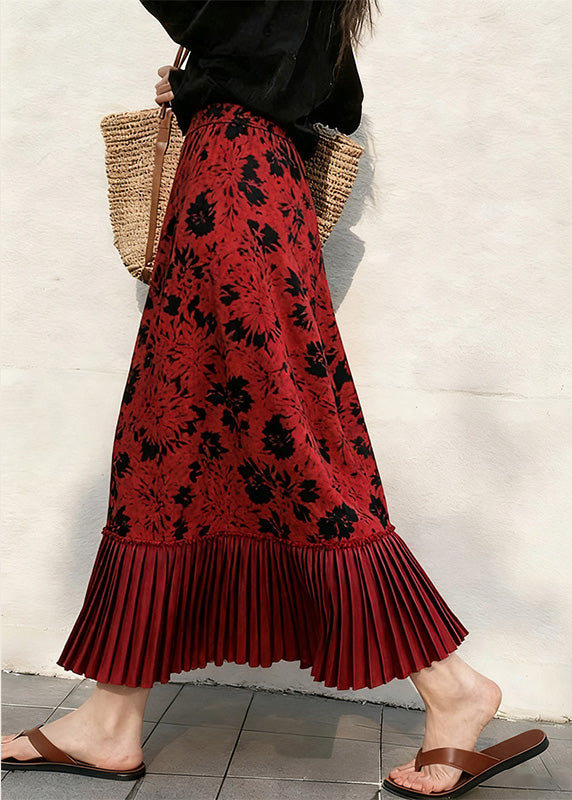 Simple Red Print Patchwork Silk Velvet Pleated Skirt Spring