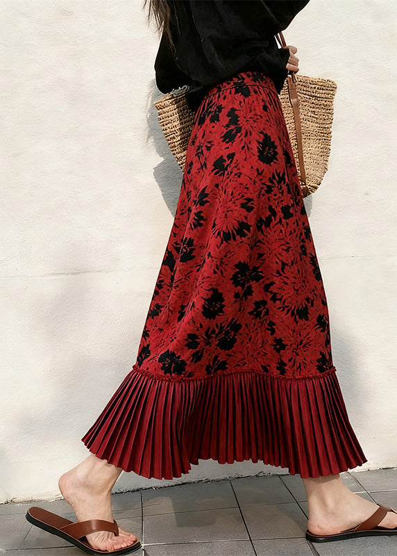 Simple Red Print Patchwork Silk Velvet Pleated Skirt Spring