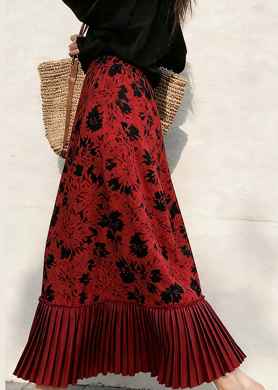 Simple Red Print Patchwork Silk Velvet Pleated Skirt Spring