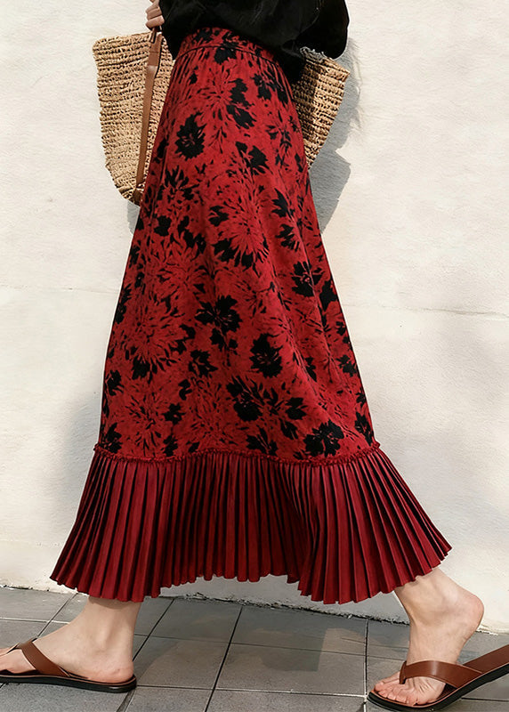 Simple Red Print Patchwork Silk Velvet Pleated Skirt Spring