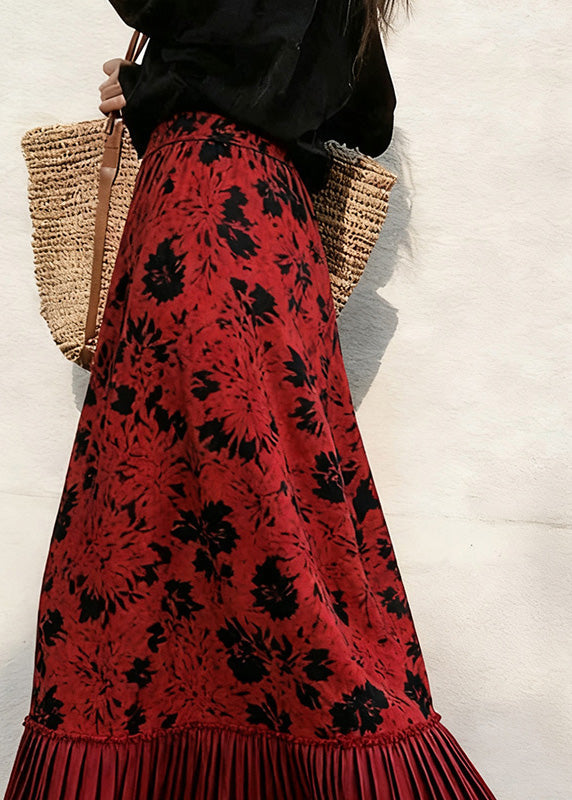 Simple Red Print Patchwork Silk Velvet Pleated Skirt Spring