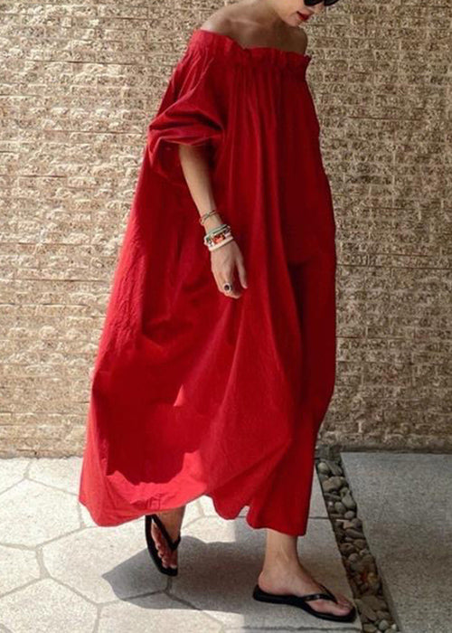 Simple Red Slash Neck Ruffled Solid Cotton Long Dresses Summer
