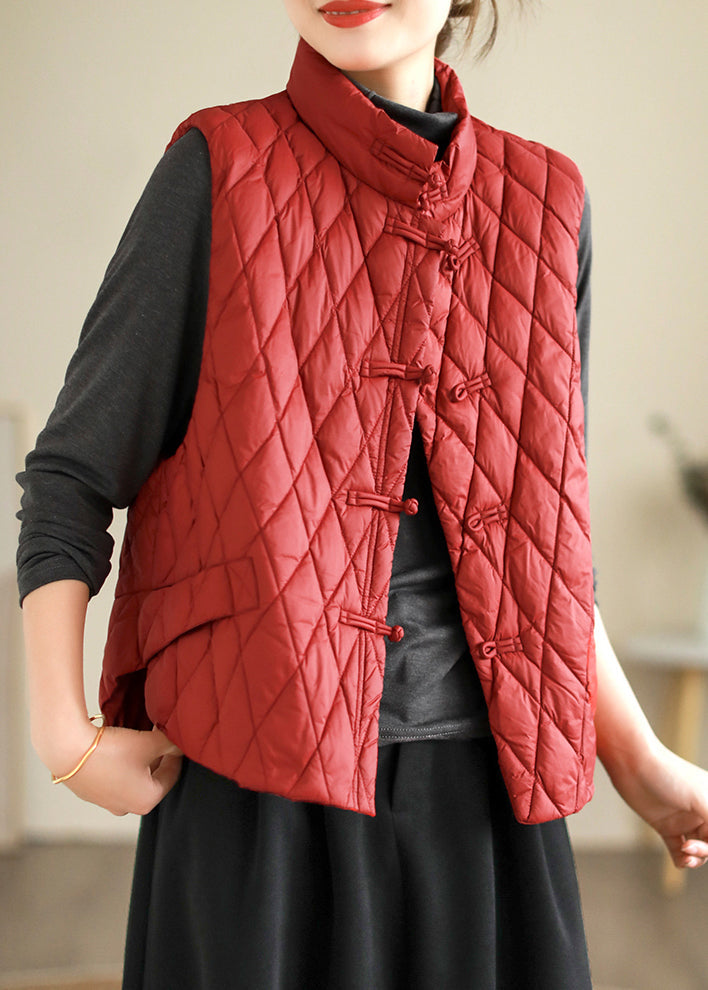 Simple Red Stand Collar Chinese Button Fine Cotton Waistcoat Sleeveless