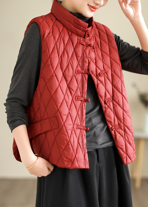 Simple Red Stand Collar Chinese Button Fine Cotton Waistcoat Sleeveless