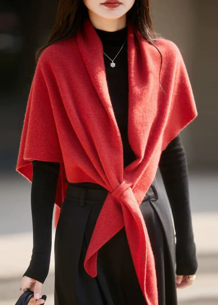 Simple Red V Neck Lace Up Woolen Cape Sweater Batwing Sleeve