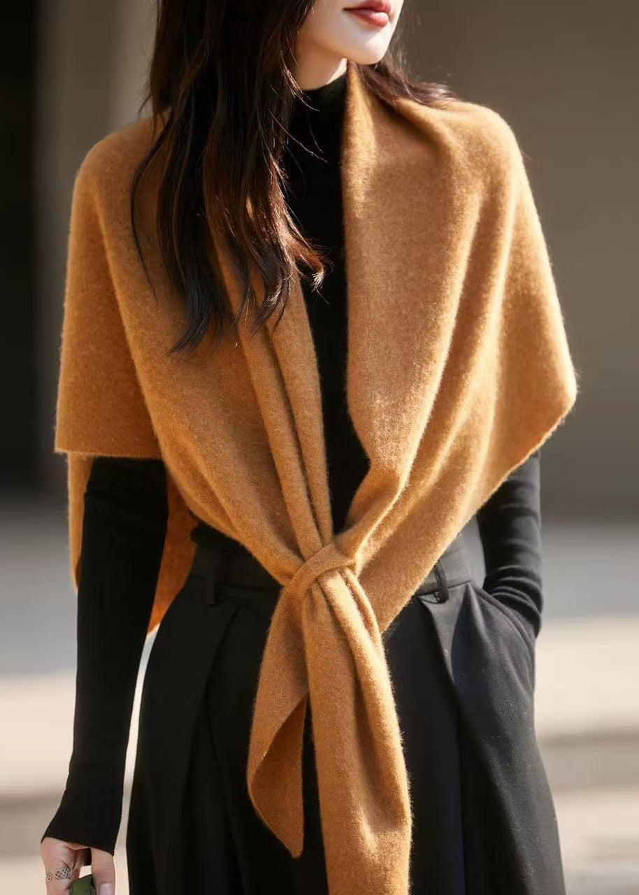 Simple Red V Neck Lace Up Woolen Cape Sweater Batwing Sleeve