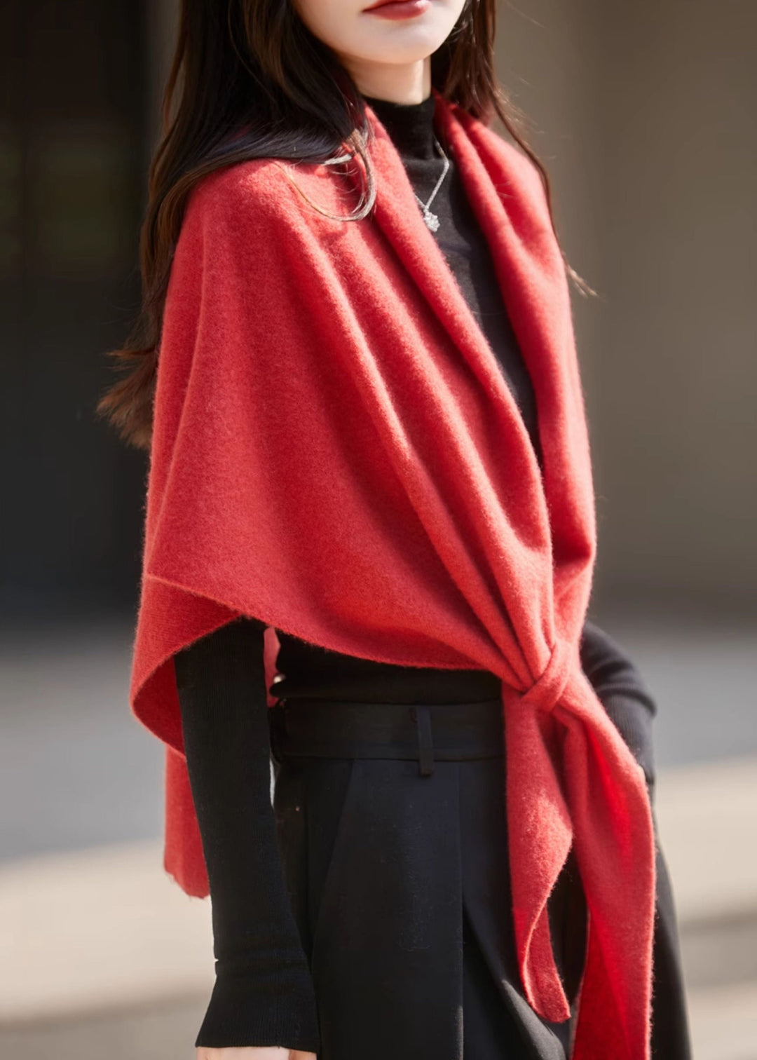 Simple Red V Neck Lace Up Woolen Cape Sweater Batwing Sleeve