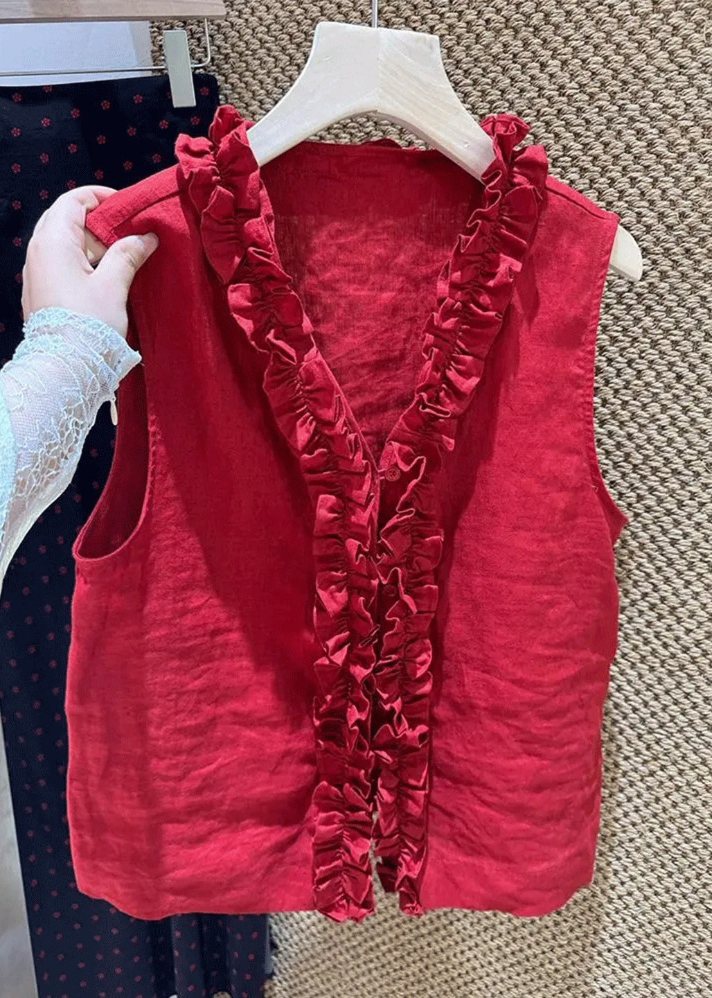 Simple Red V Neck Ruffled Cotton Blouse Top Sleeveless