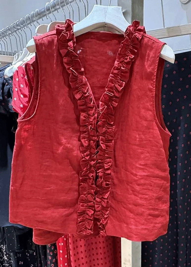 Simple Red V Neck Ruffled Cotton Blouse Top Sleeveless