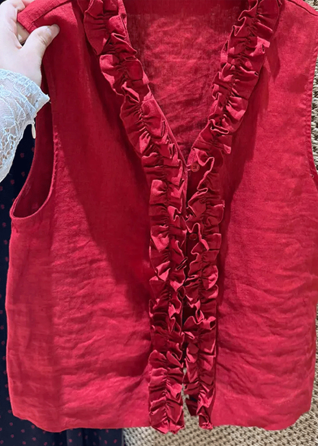 Simple Red V Neck Ruffled Cotton Blouse Top Sleeveless
