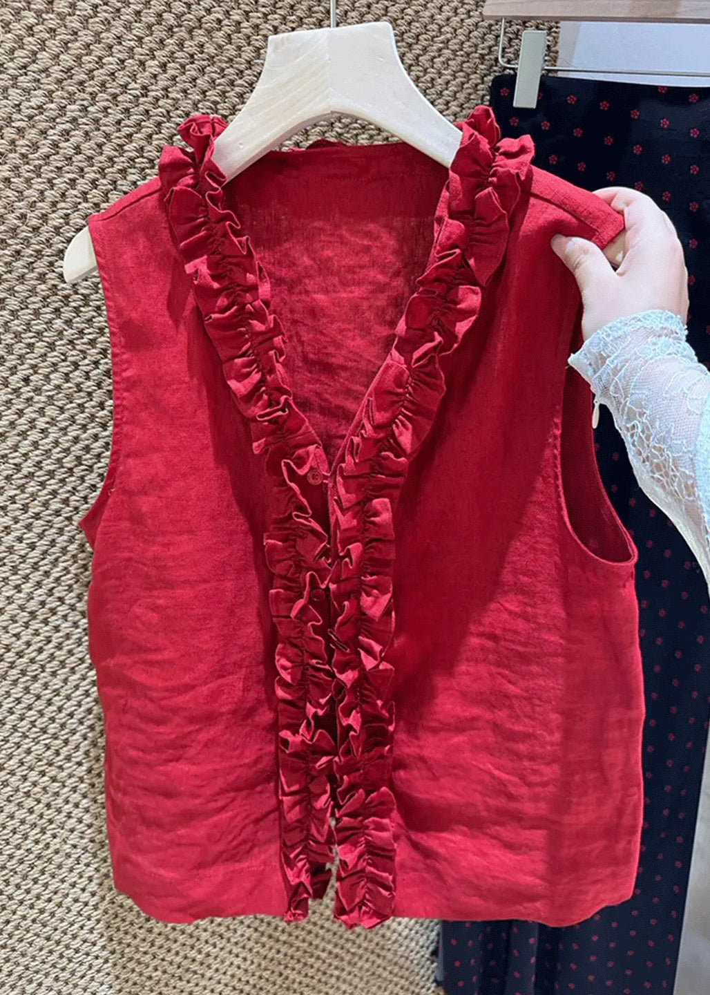 Simple Red V Neck Ruffled Cotton Blouse Top Sleeveless