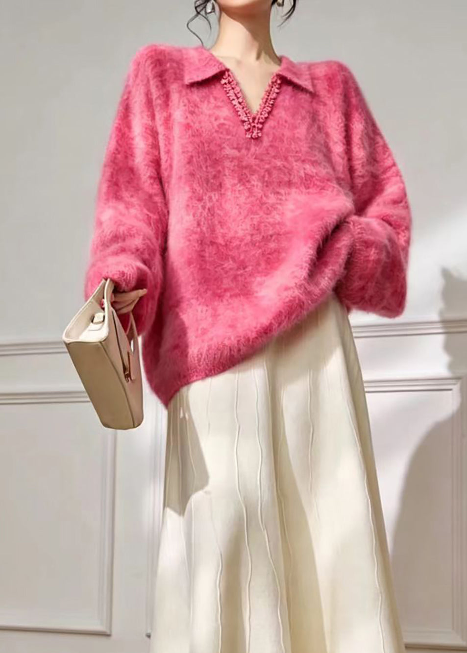 Simple Rose Polo V Neck Lace Trim Imitation Mohair Sweater Fall