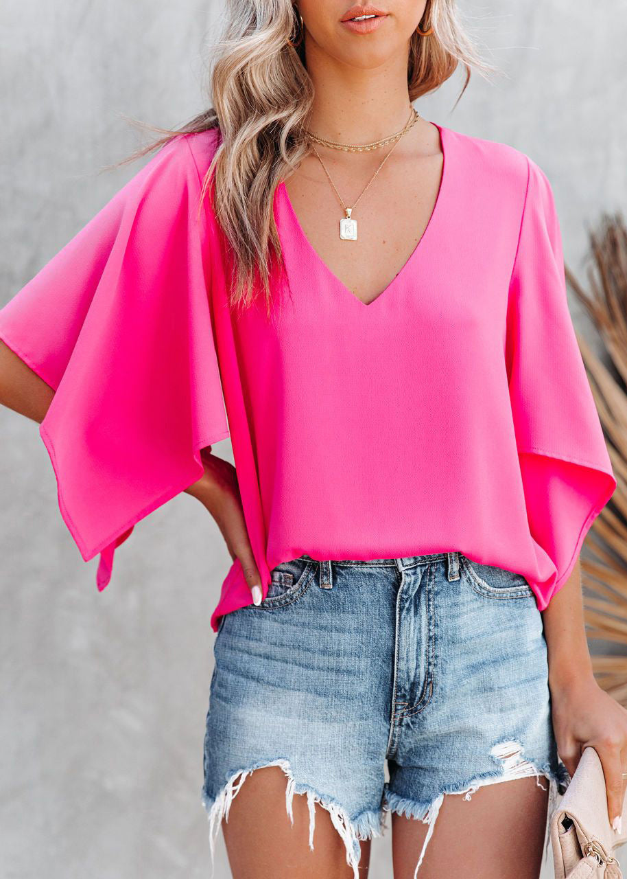 Simple Rose V Neck Solid Cotton T Shirt Summer