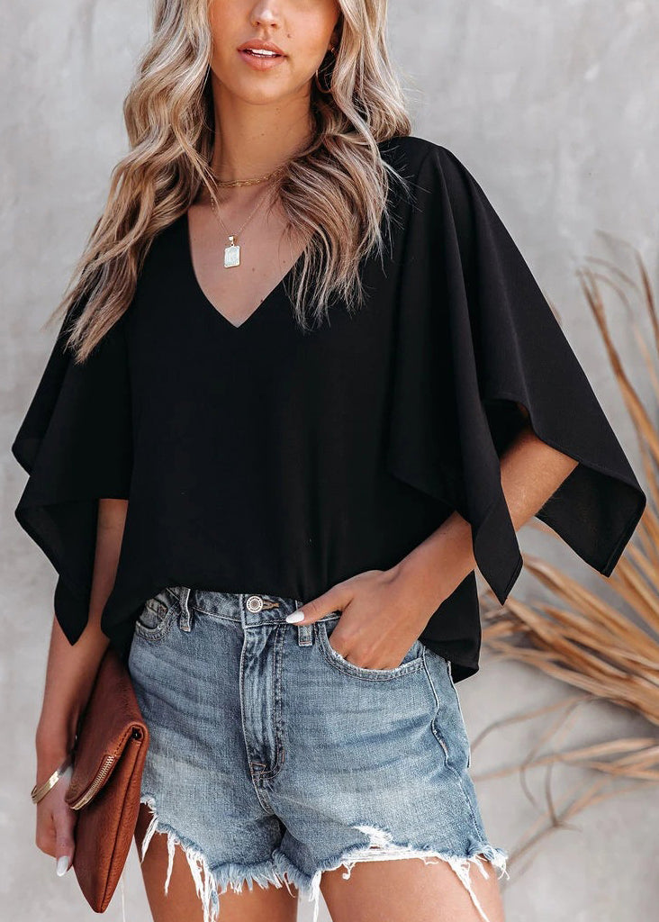 Simple Rose V Neck Solid Cotton T Shirt Summer