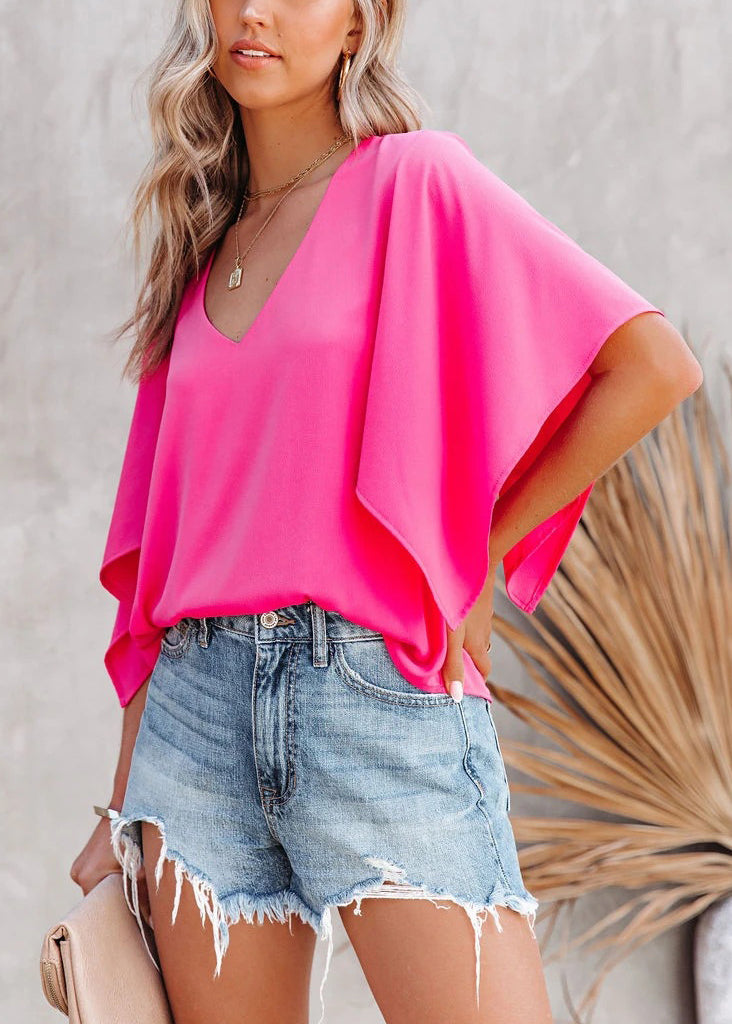 Simple Rose V Neck Solid Cotton T Shirt Summer