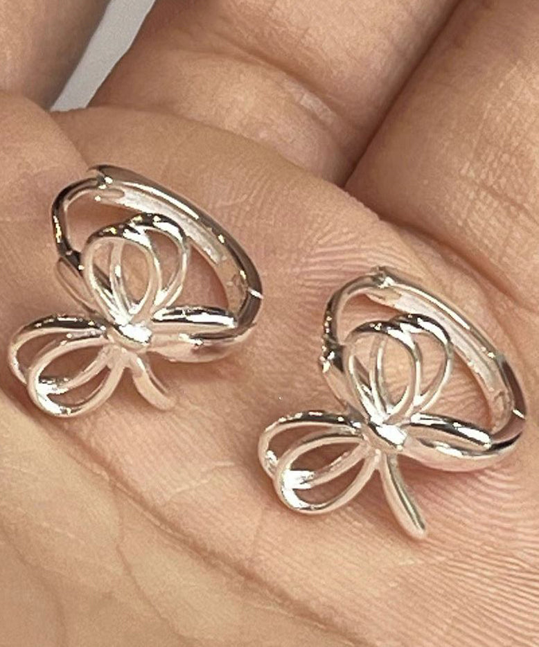 Simple Silk Sterling Silver Bow Hollow Out Hoop Earrings