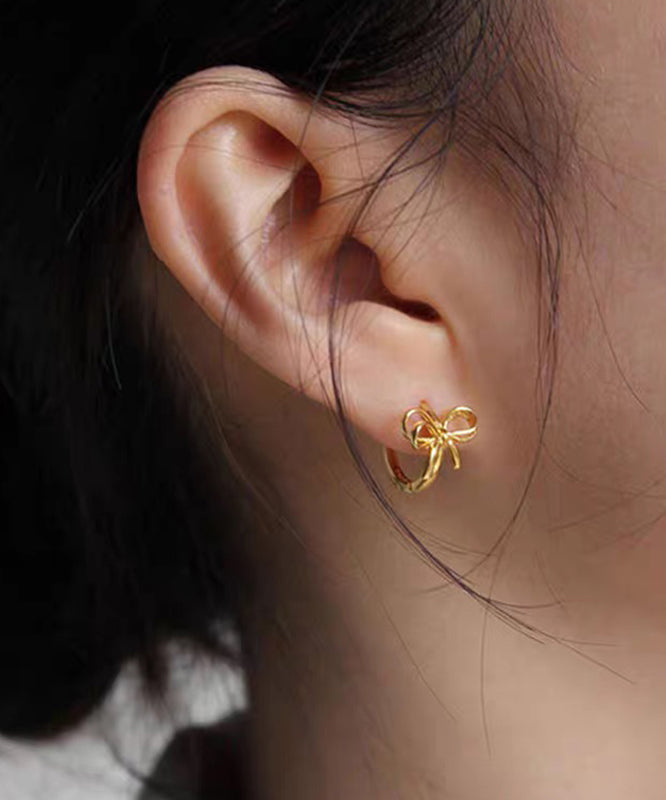 Simple Silk Sterling Silver Bow Hollow Out Hoop Earrings