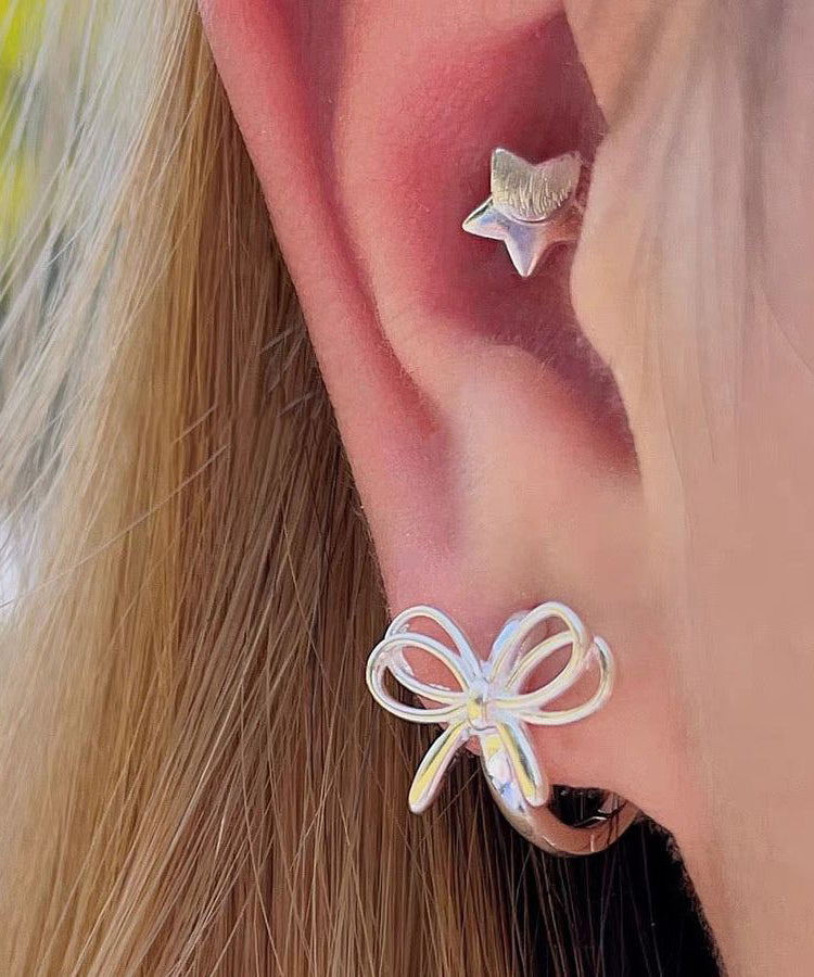 Simple Silk Sterling Silver Bow Hollow Out Hoop Earrings