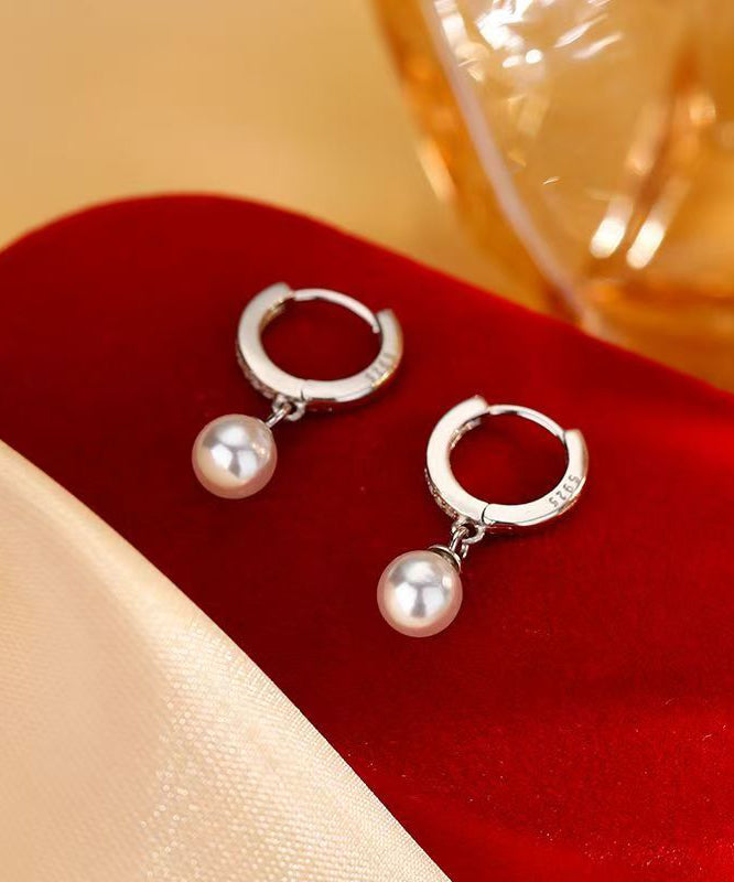 Simple Silk Strergild Silver Zircon Pearl Hoop Earrings