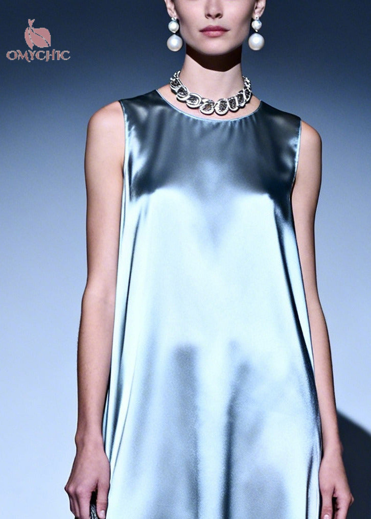 Simple Silvery Oversized Lace Patchwork Silk Ankle Dress Sleeveless