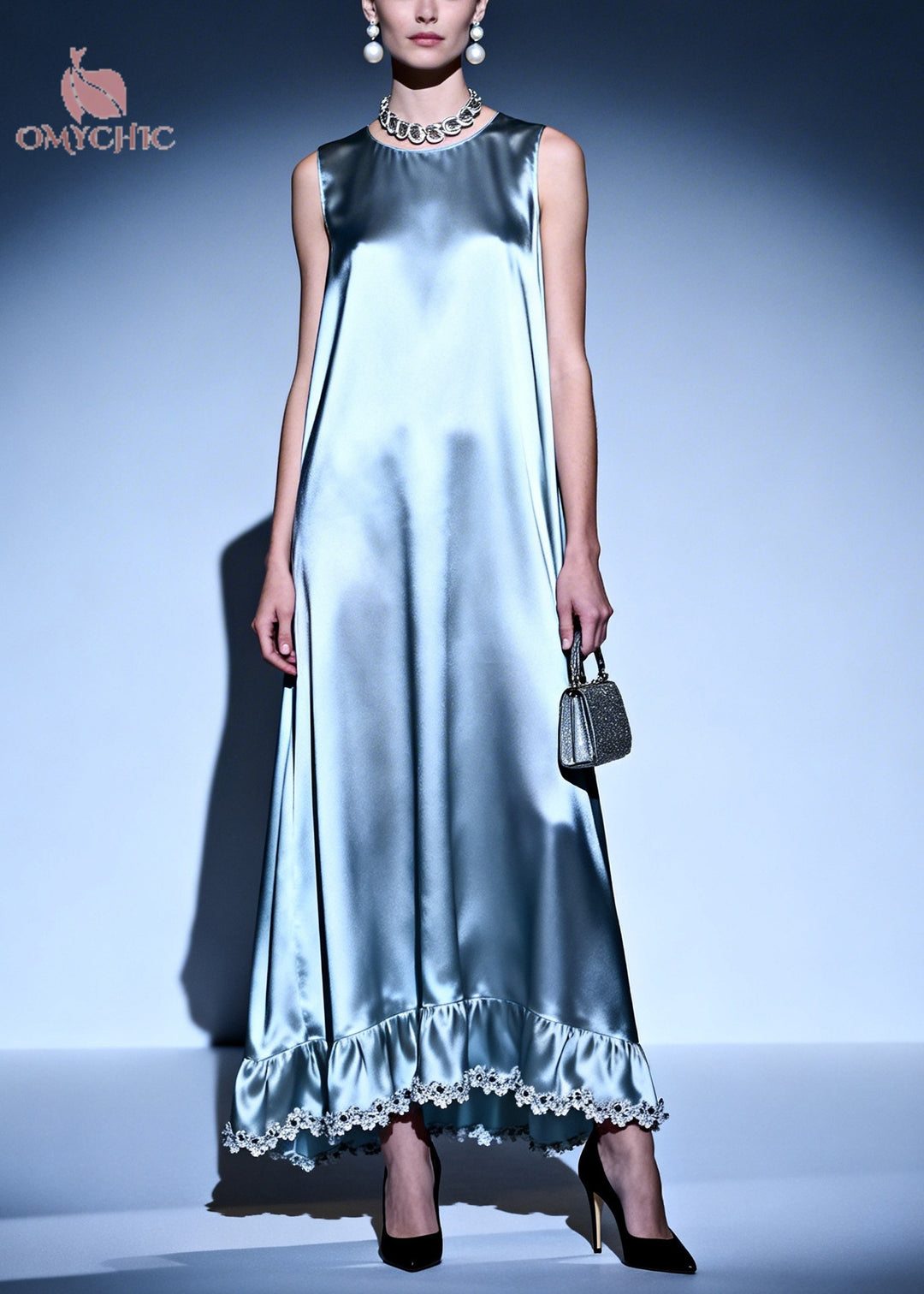 Simple Silvery Oversized Lace Patchwork Silk Ankle Dress Sleeveless