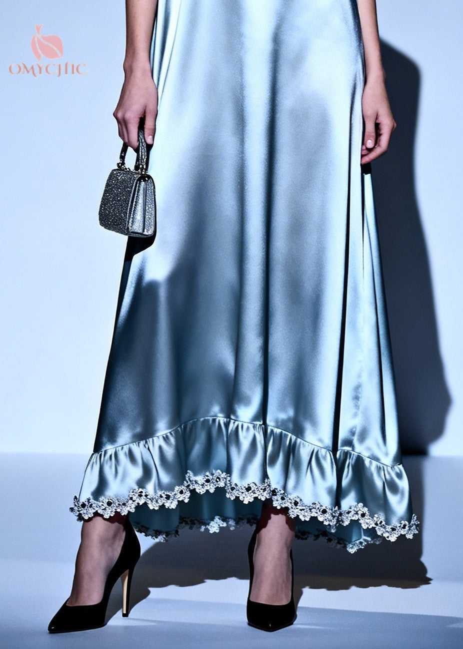 Simple Silvery Oversized Lace Patchwork Silk Ankle Dress Sleeveless