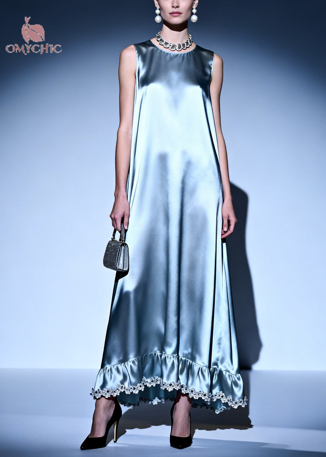 Simple Silvery Oversized Lace Patchwork Silk Ankle Dress Sleeveless
