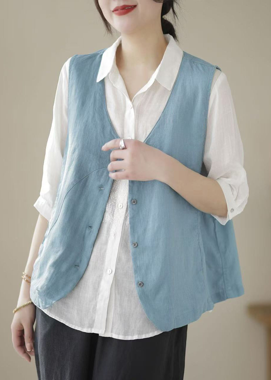 Simple Sky Blue V Neck Button Cotton Waistcoat Sleeveless
