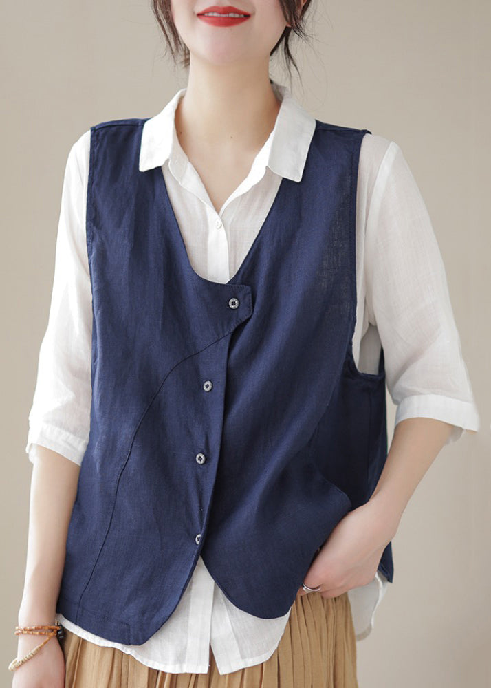Simple Sky Blue V Neck Button Cotton Waistcoat Sleeveless