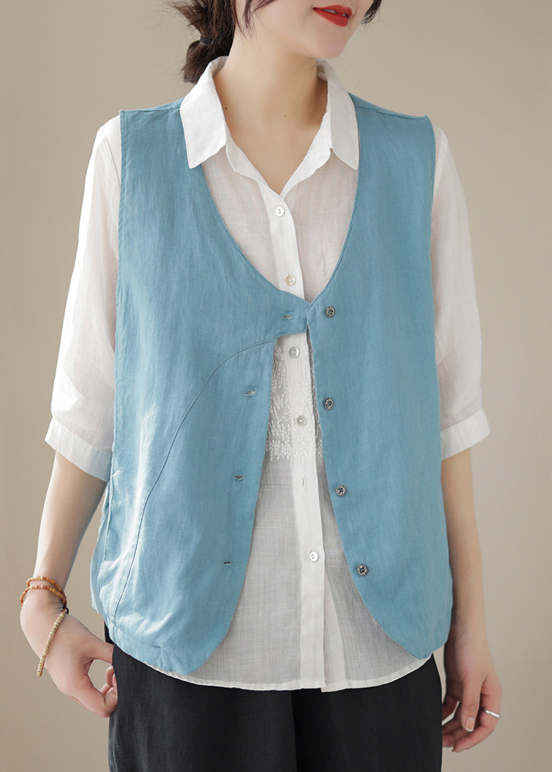 Simple Sky Blue V Neck Button Cotton Waistcoat Sleeveless