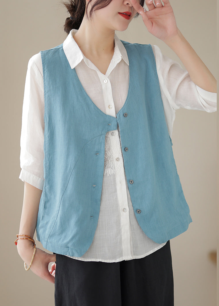 Simple Sky Blue V Neck Button Cotton Waistcoat Sleeveless