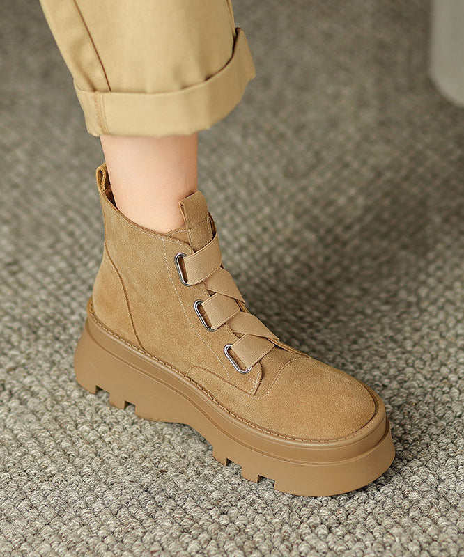 Simple Splicing Platform Boots Brown Suede Cross Strap