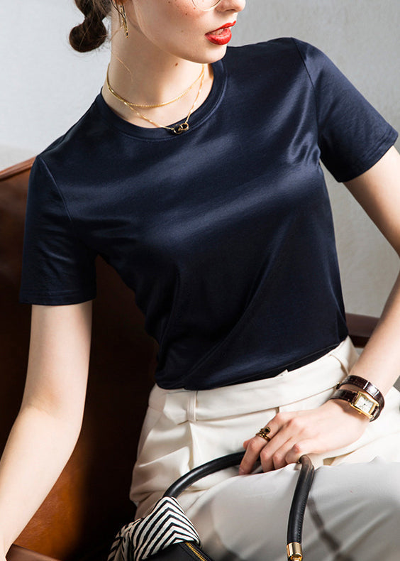 Simple Style Black O Neck Cotton T Shirts Tops Summer