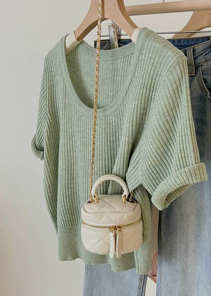 Simple Style Green U Neck Knit Top Short Sleeve