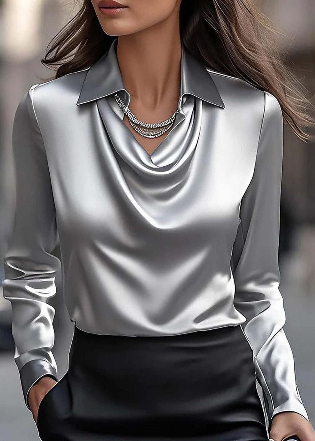 Simple Style Grey Peter Pan Collar Silk Shirts Top Spring