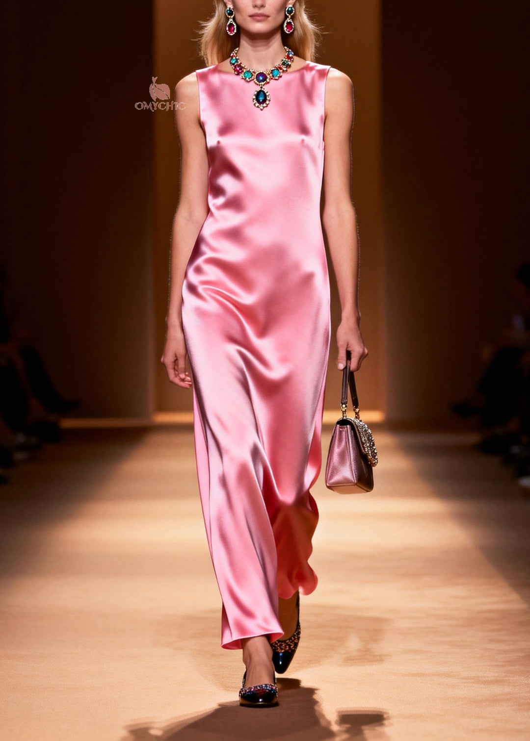 Simple Style Pink O Neck Silk Ankle Dress Sleeveless