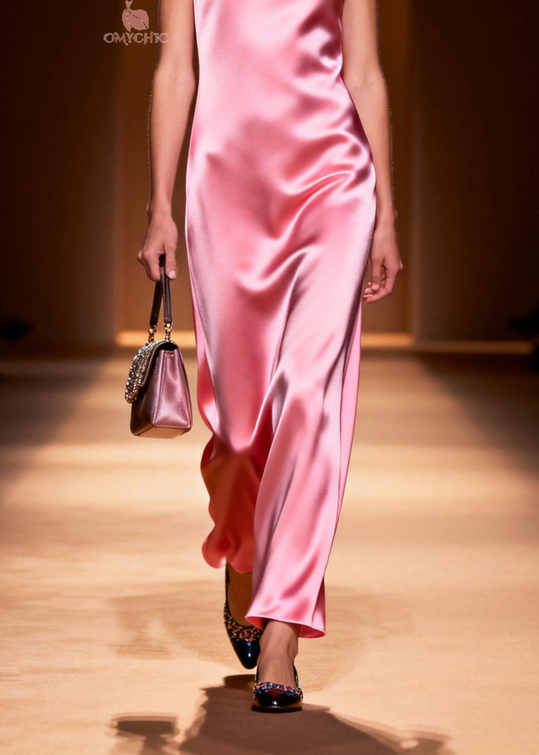 Simple Style Pink O Neck Silk Ankle Dress Sleeveless