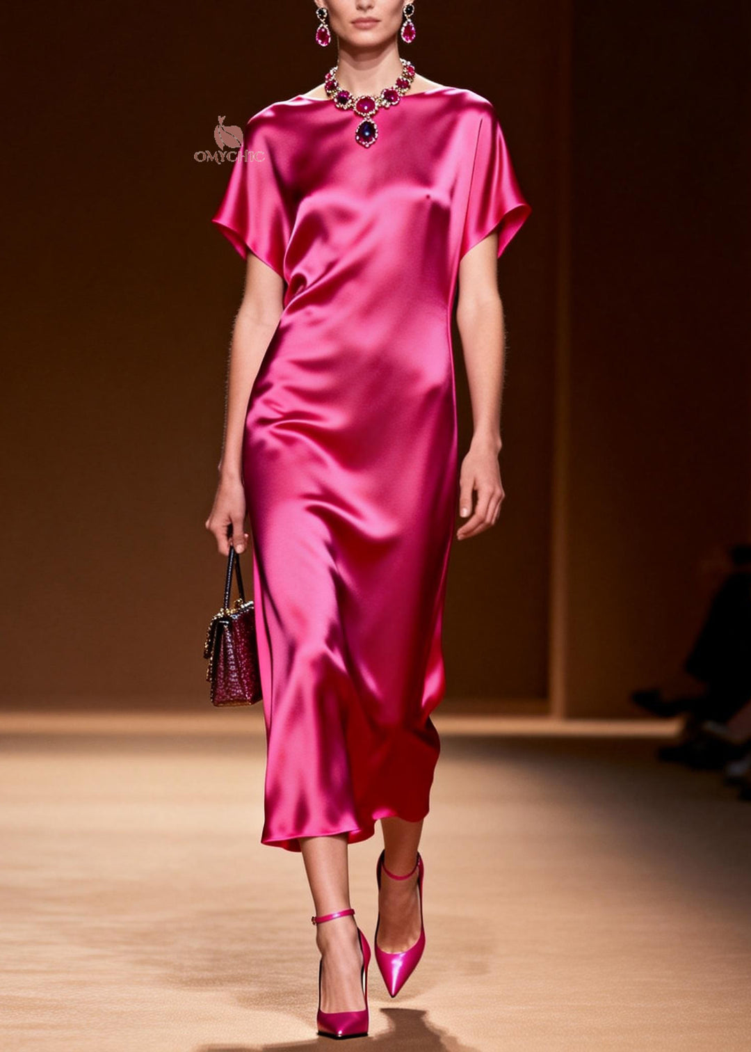 Simple Style Rose O Neck Silk Long Dress Summer