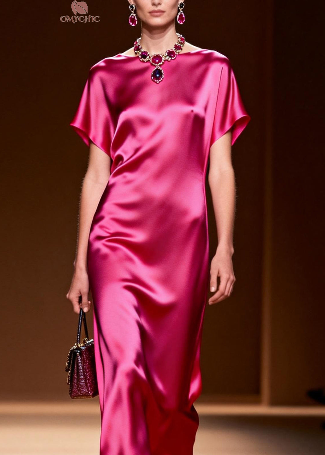 Simple Style Rose O Neck Silk Long Dress Summer