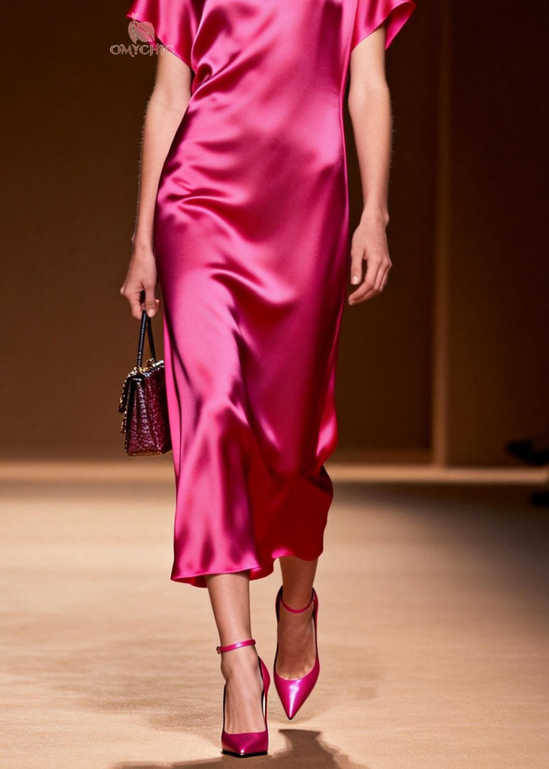 Simple Style Rose O Neck Silk Long Dress Summer