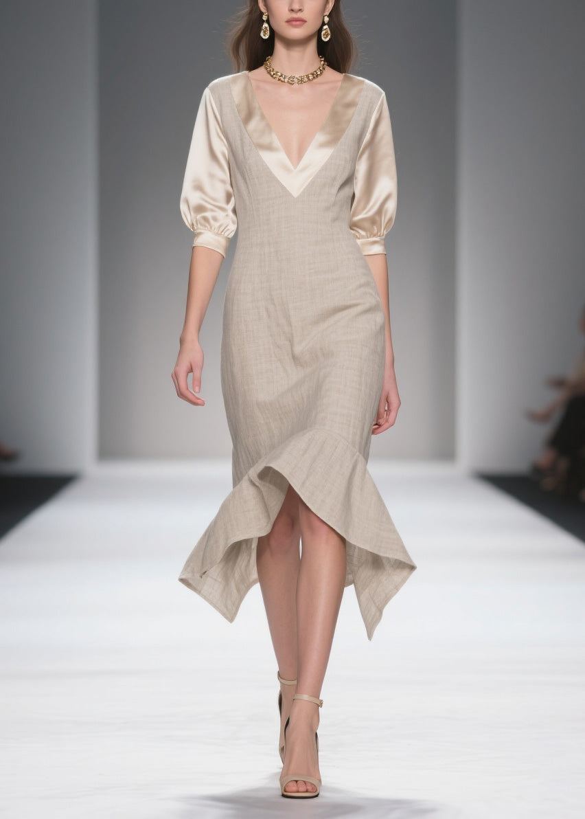 Simple Style V Neck Patchwork Linen Silk Dress Summer