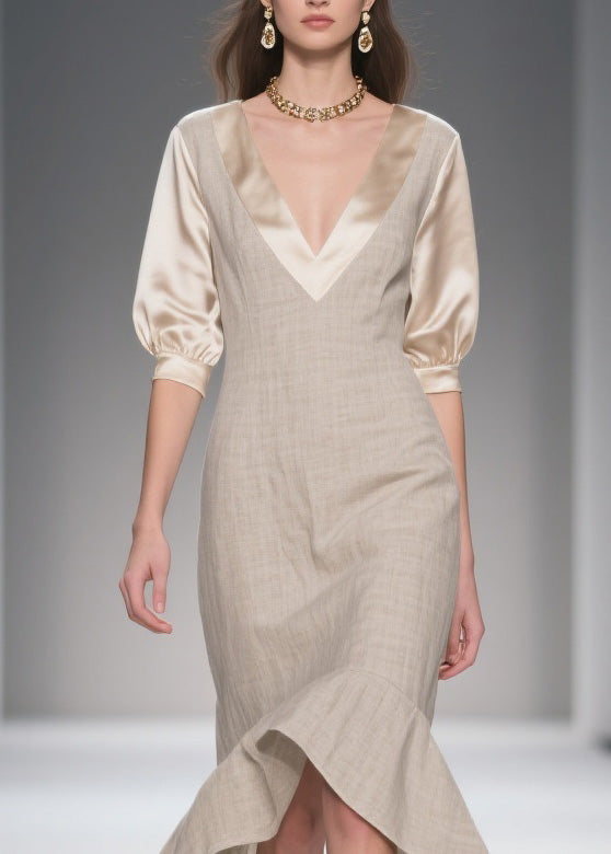 Simple Style V Neck Patchwork Linen Silk Dress Summer