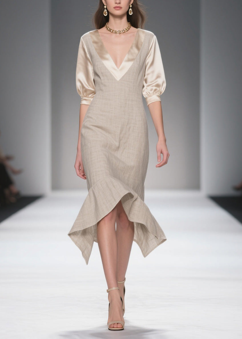 Simple Style V Neck Patchwork Linen Silk Dress Summer