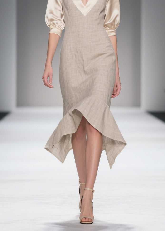 Simple Style V Neck Patchwork Linen Silk Dress Summer