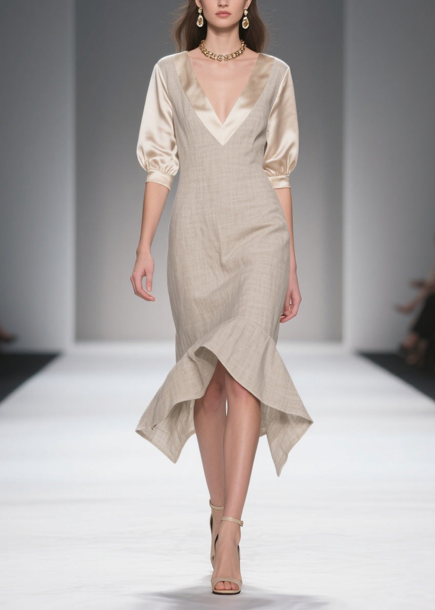 Simple Style V Neck Patchwork Linen Silk Dress Summer