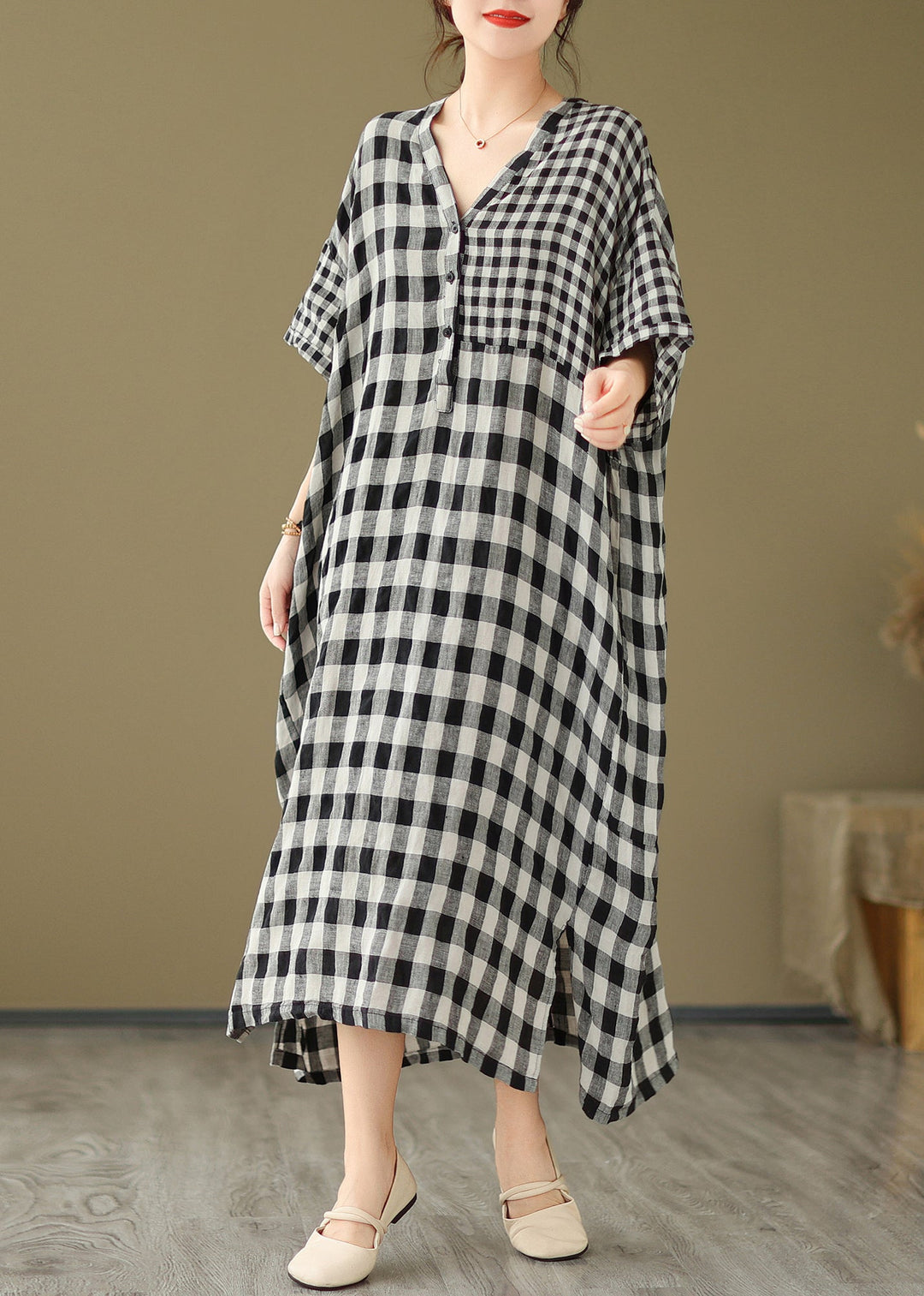 Simple V Neck Plaid Patchwork Side Open Linen Maxi Dress Short Sleeve