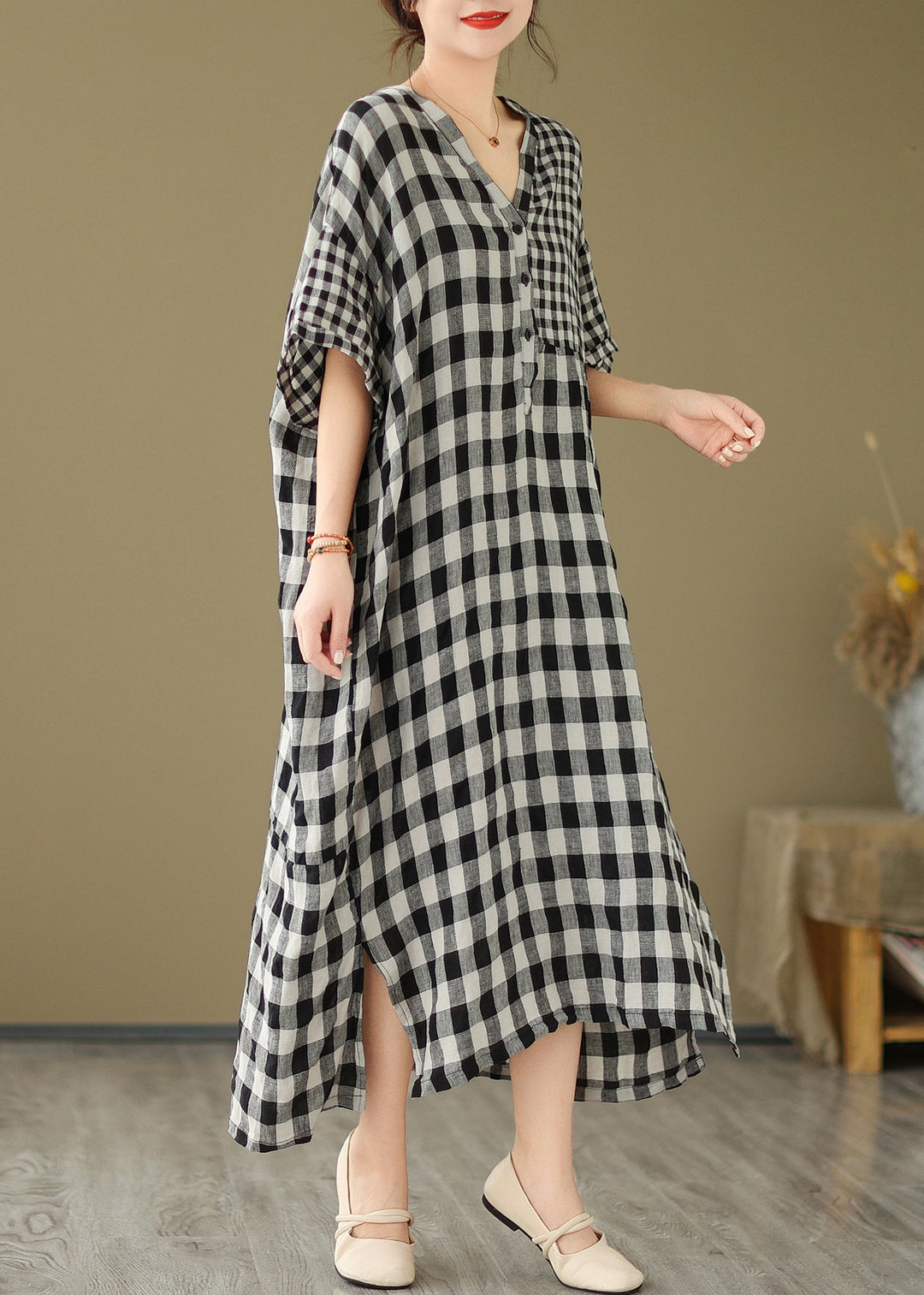 Simple V Neck Plaid Patchwork Side Open Linen Maxi Dress Short Sleeve