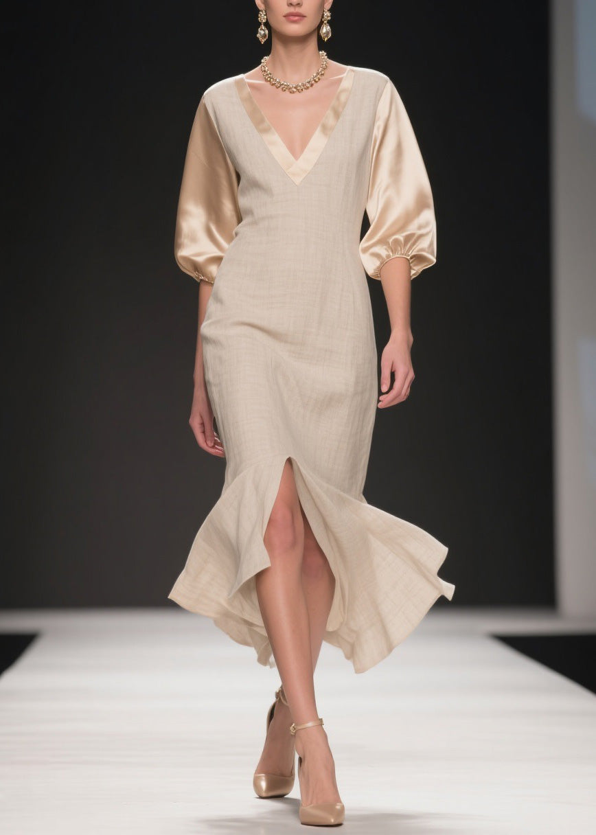 Simple V Neck Side Open Patchwork Linen Silk Dress Summer