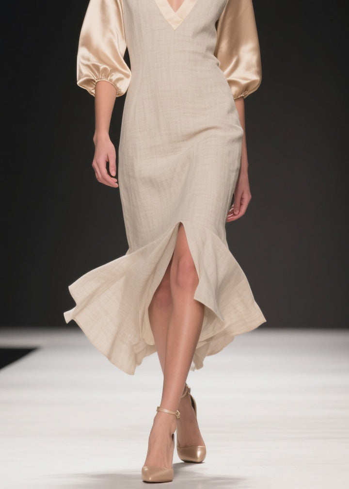 Simple V Neck Side Open Patchwork Linen Silk Dress Summer