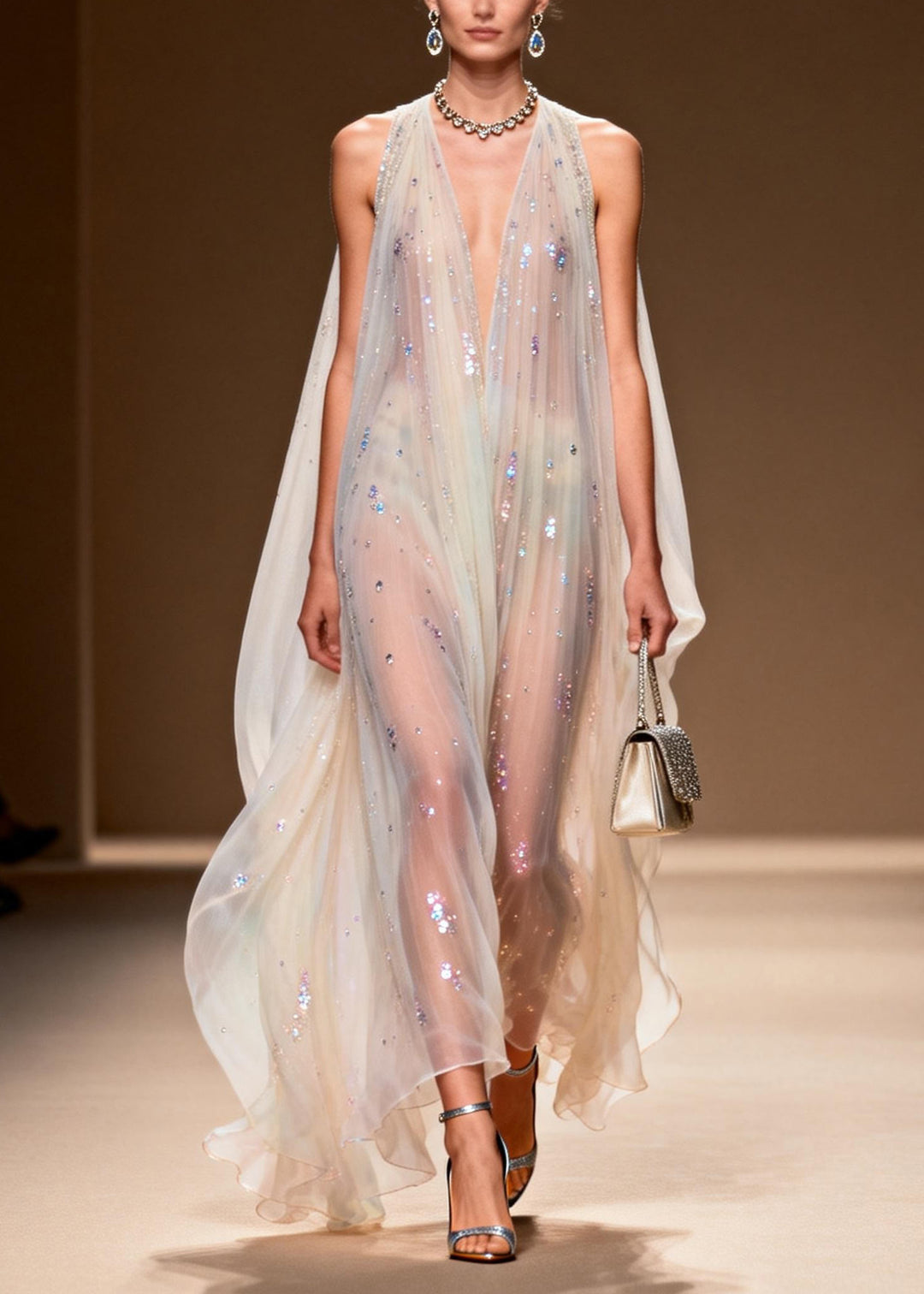 Simple V Neck Zircon Patchwork Chiffon Long Dress Sleeveless